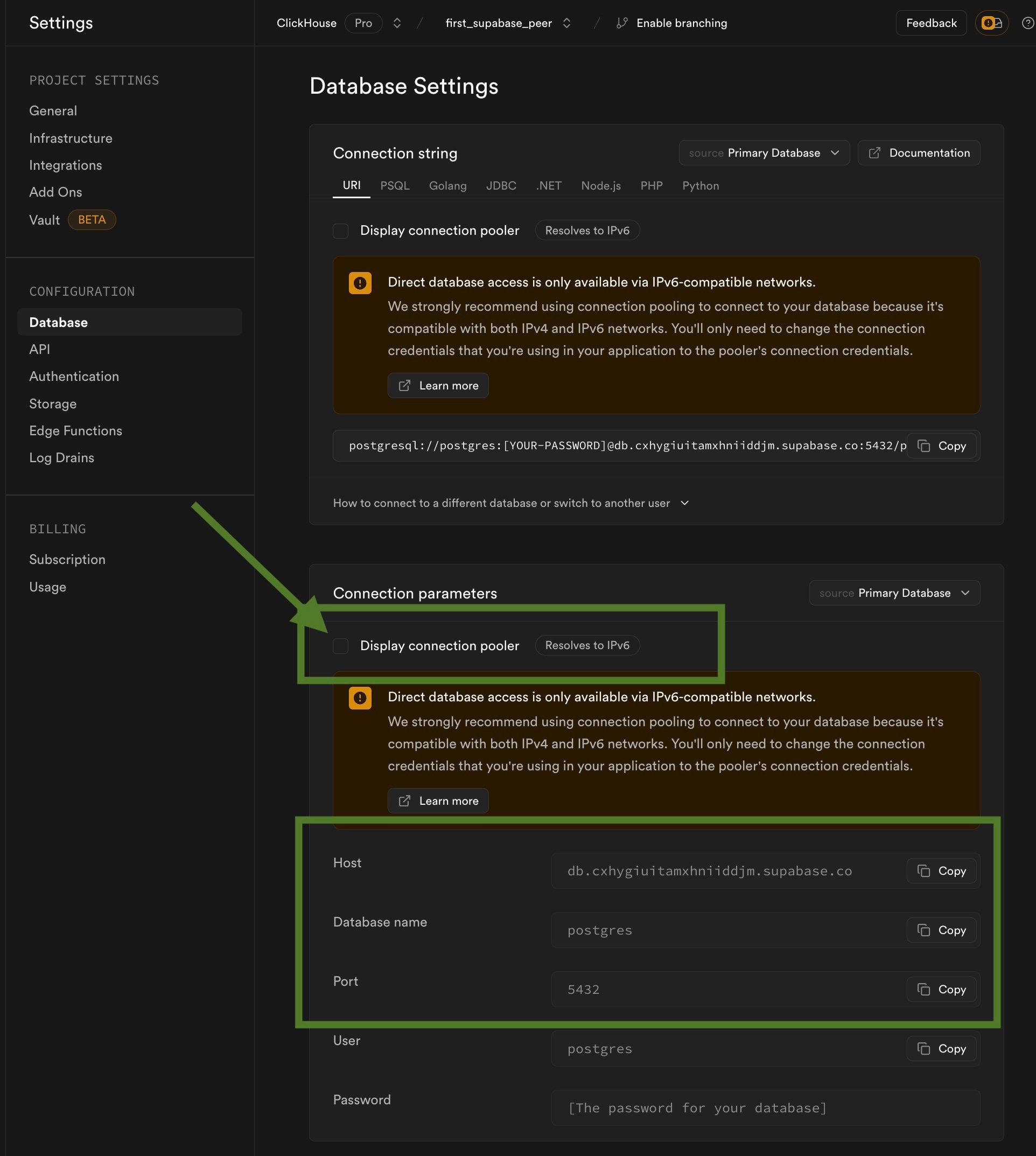 Locate Supabase Connection Details - Zoomed